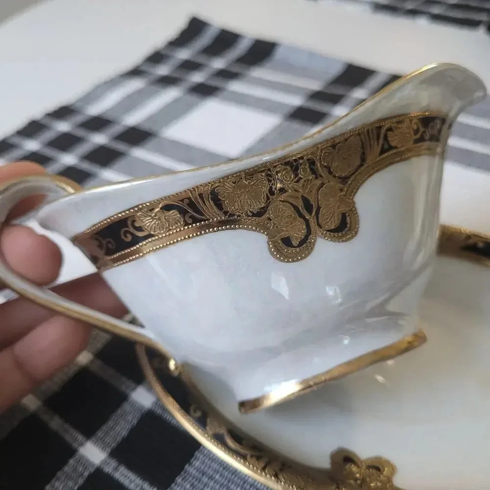 Antique Noritake Creamer Cup Saucer Japan Jeweled Gold Black Beaded Crestwood
